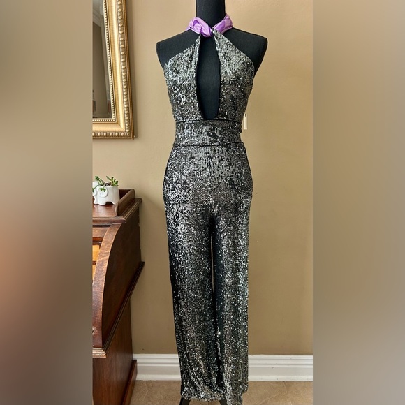 Anthropologie Maeve Carbon Sequin Jumpsuit Wide Leg Halter Neck Size 2 NWT - Picture 4 of 16